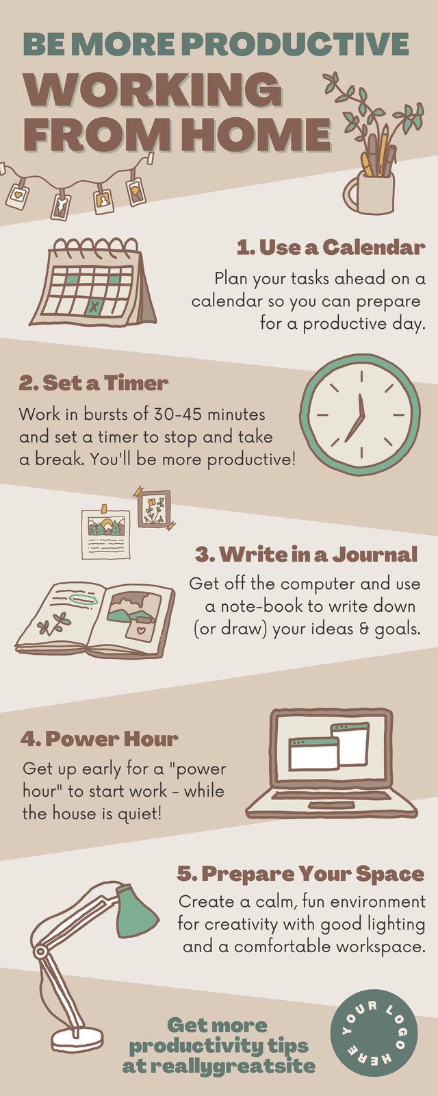 Green & Brown Neutral Work from Home Productivity List Infographic