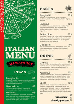 Free printable and customizable Italian menu templates | Canva