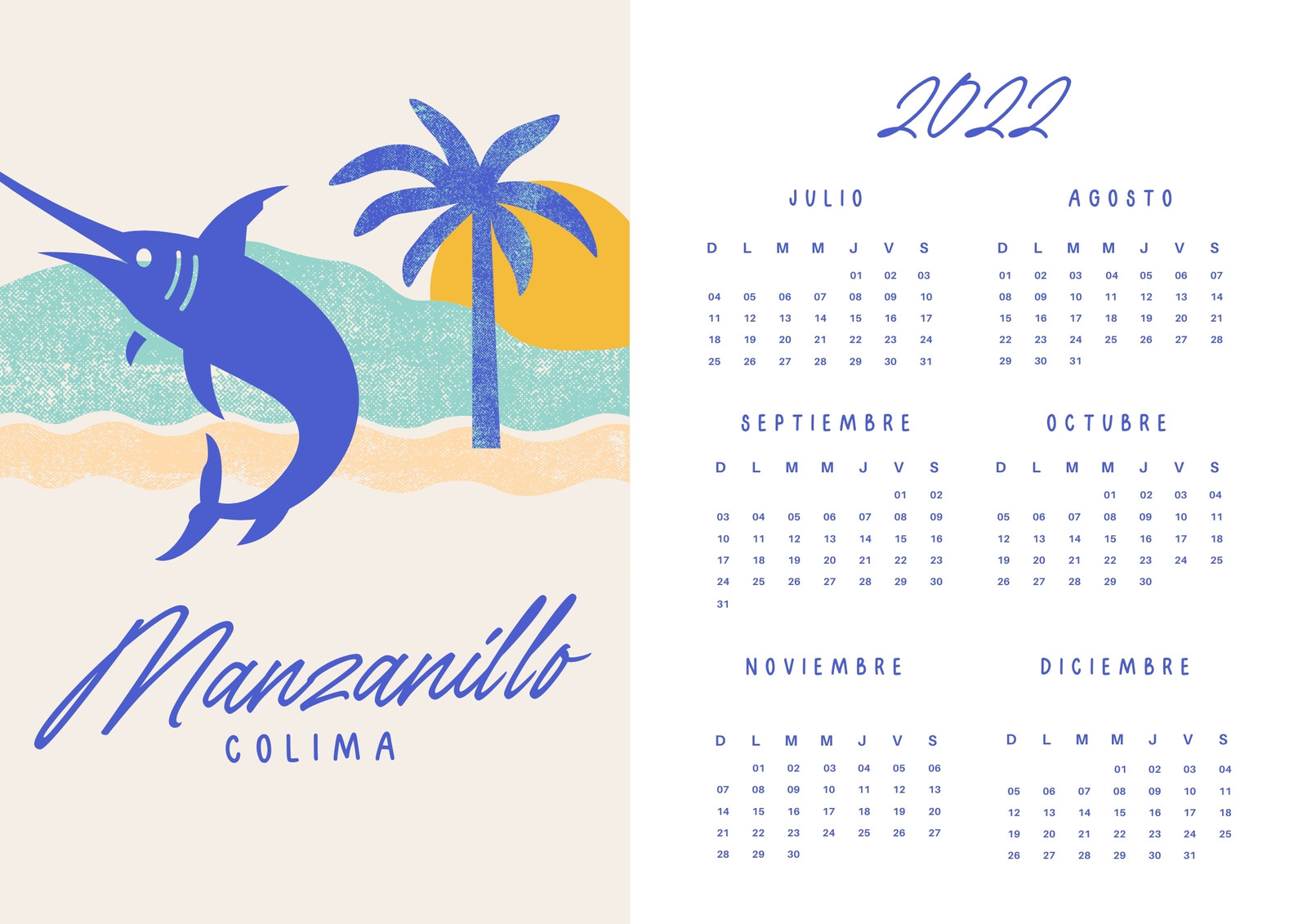 Calendario Semestral Playa Mexicana Ilustrado Azul 