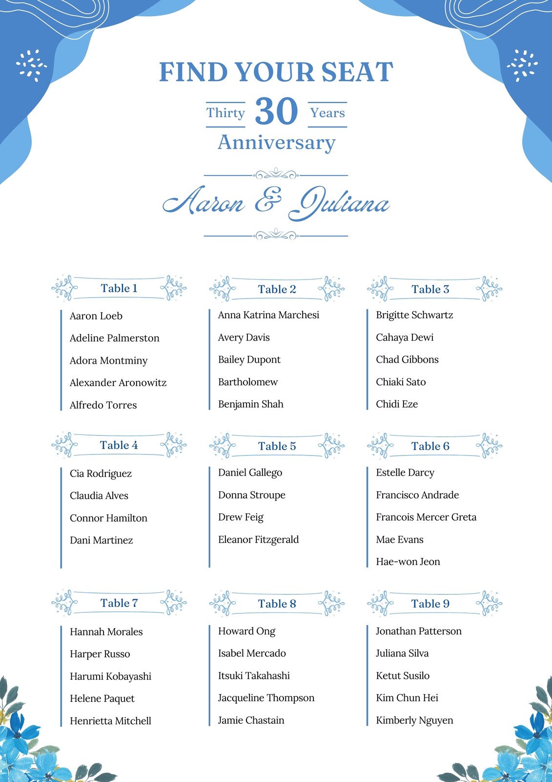 Free custom printable wedding seating chart templates