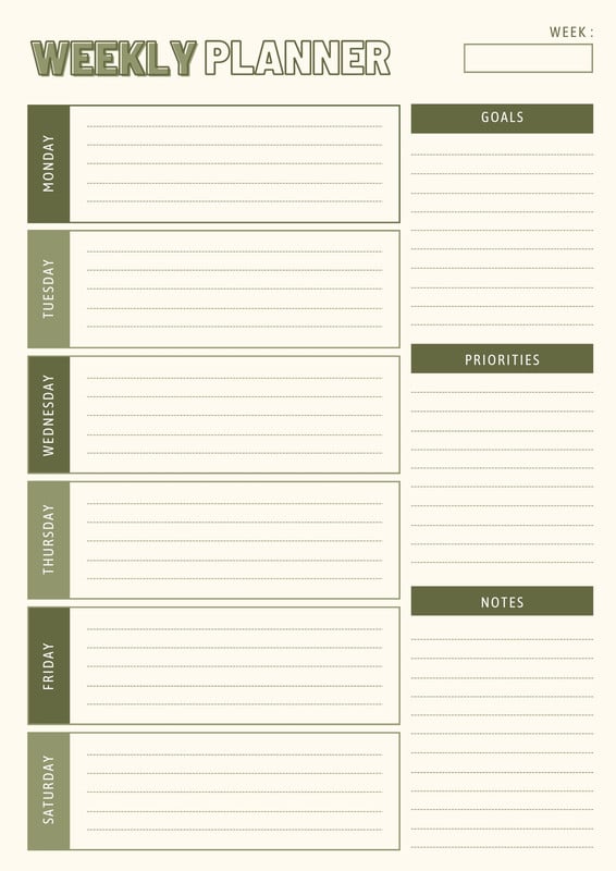 Download Printable Weekly planner with goals and priorities PDF