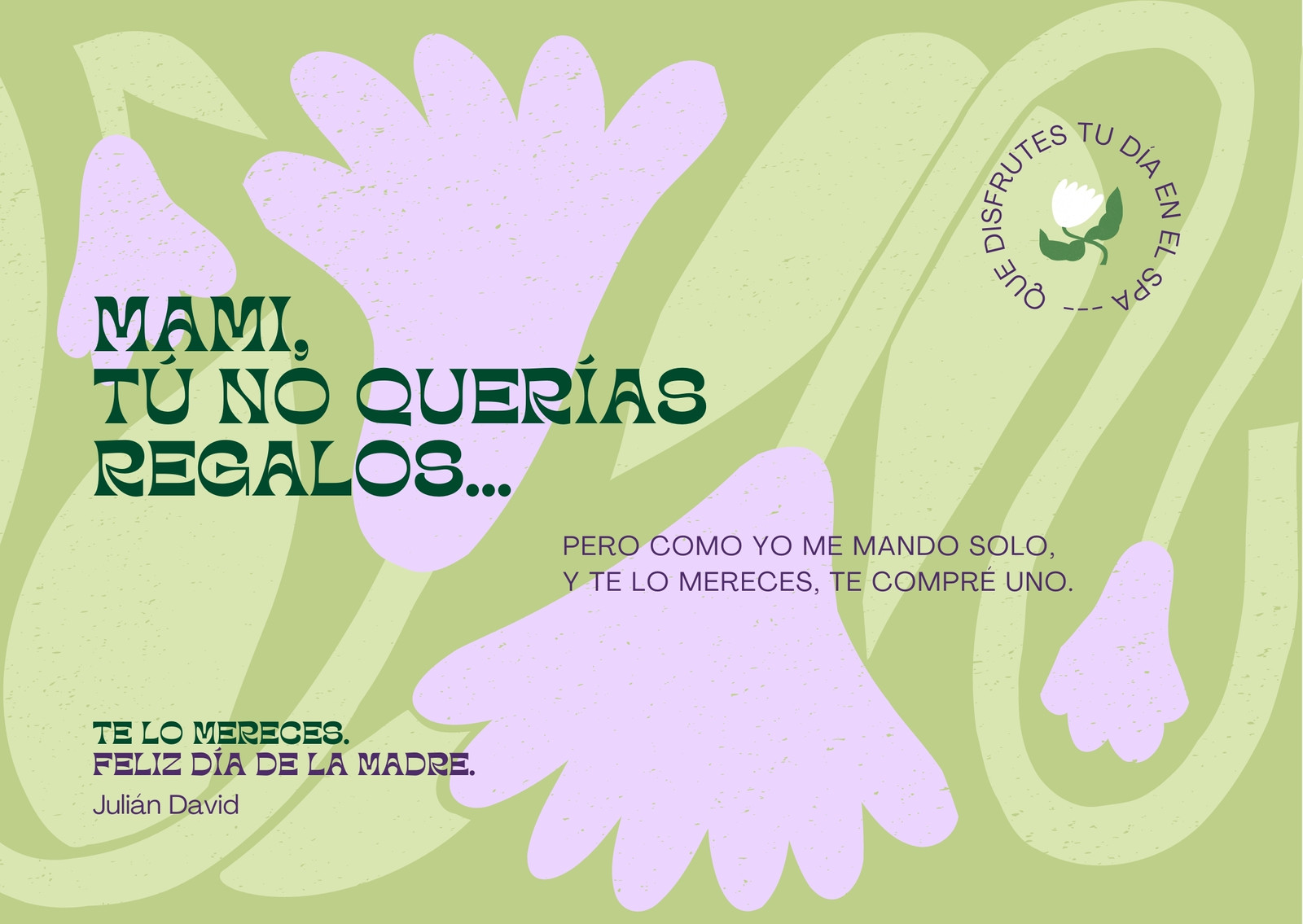 Tarjeta (Horizontal) Verde Limón y Lavanda con Ilustraciones de Flores y Mensaje de Regalo para Día de Madres