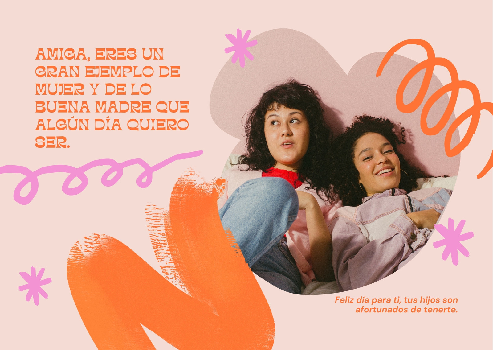 Tarjeta (Horizontal) Rosa, Durazo y Naranja con Ilustraciones Orgánicas sobre Foto de Amigas y Madre para Día de la Madre
