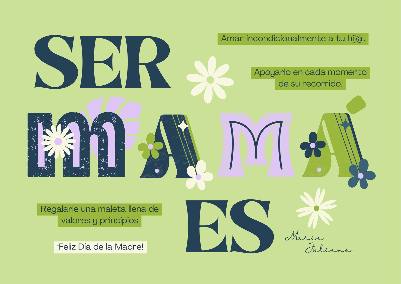Tarjeta (Horizontal) Verde Limón y Gris Floral y Tipográfica con Flores Ilustradas y Mensaje para Día de Madres