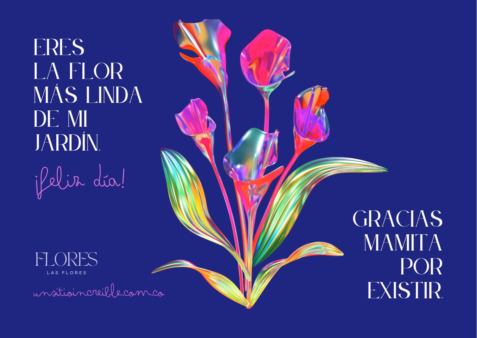 Tarjeta (Horizontal) Azul y Verde con Ilustración Floral Sicodelica para Floristería en Día de la Madre