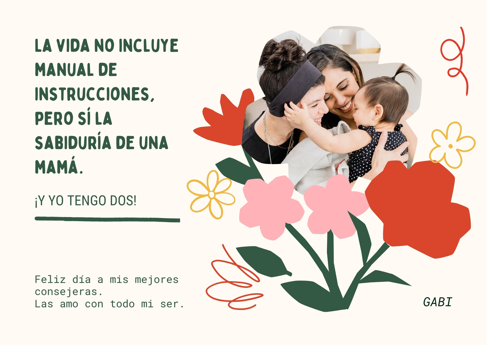 Tarjeta (Horizontal) Blanco, Verde y Naranja con Ilustración Floral con Fotografía de Familia Moderna para Día de la Madre