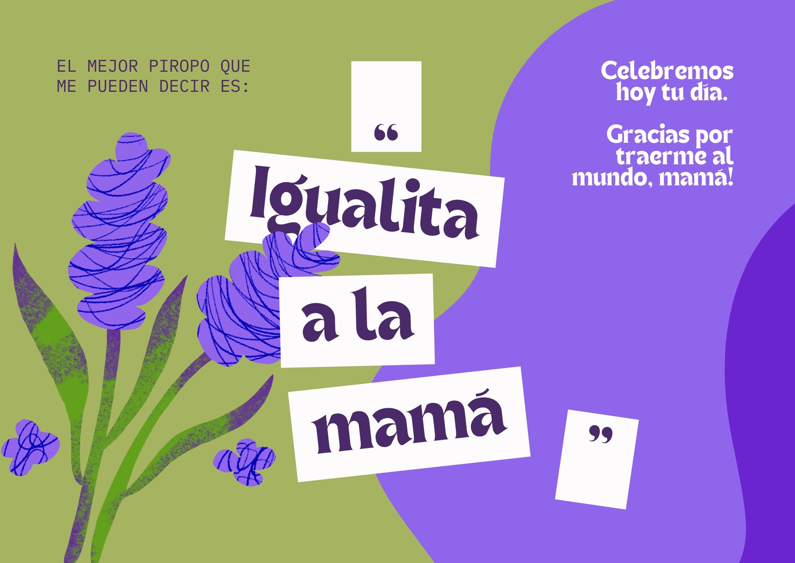 Tarjeta (Horizontal) Violeta y Verde Oliva Tipográfica con Ilustración de Flores y Frase para Día de la Madre Colombiana