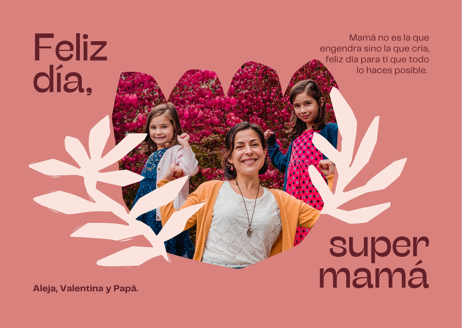 Tarjeta (Horizontal) Rosado y Beige con Ilustración Floral con Fotografía de Mujeres para Día de la Madre