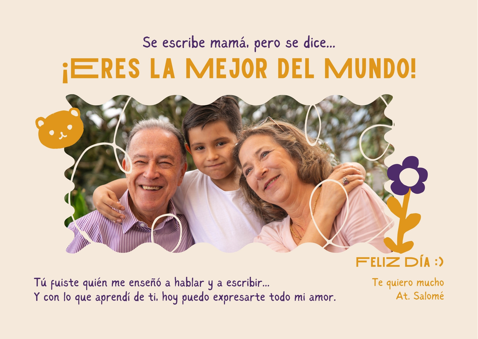 Tarjeta (Horizontal) Beige, Verde y Naranja Pastel con Ilustración sobre Foto de Madre e Hija para Día de Madres