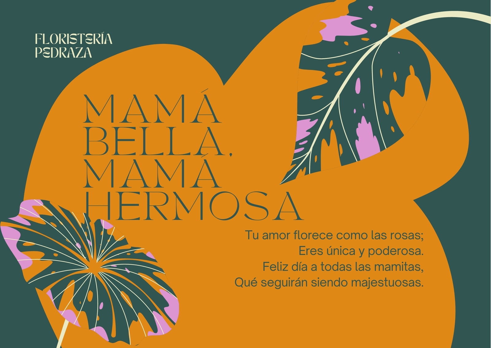 Tarjeta (Horizontal) Naranja Brillante y Verde Oscuro con Ilustración Floral para Floristería en Día de la Madre