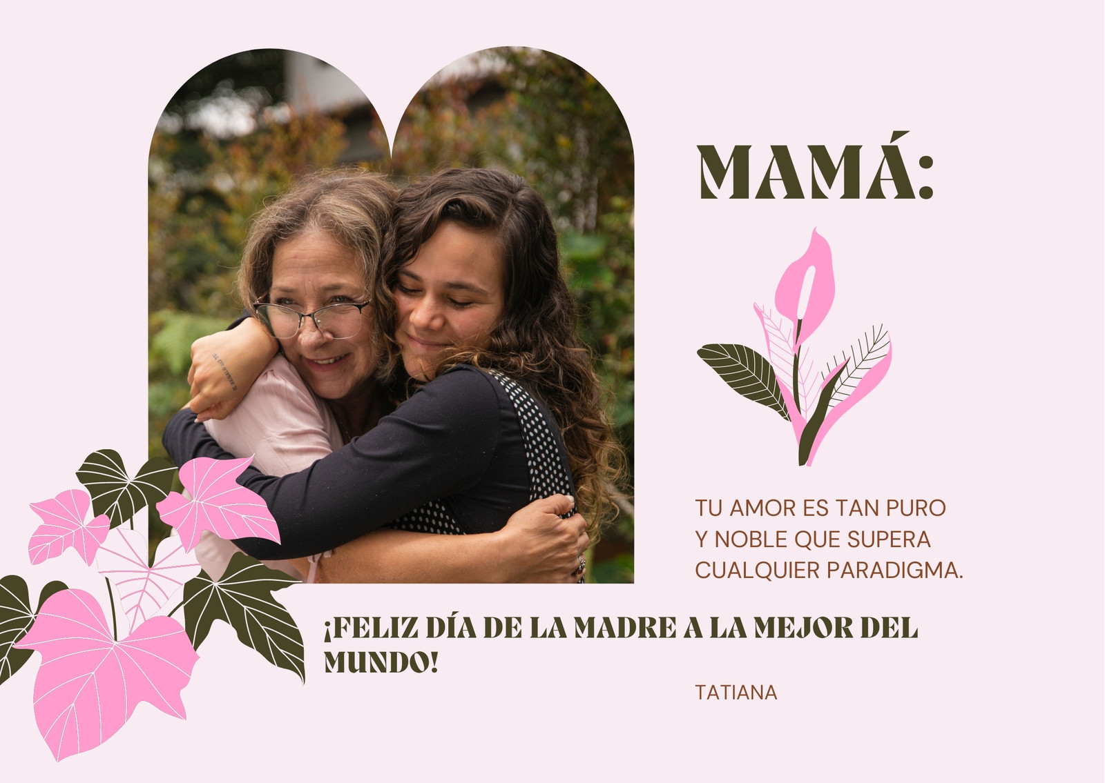 Tarjeta (Horizontal) Rosa Pastel con Ilustración Floral y Foto en Marco de Madre e Hija para Día de la Madre