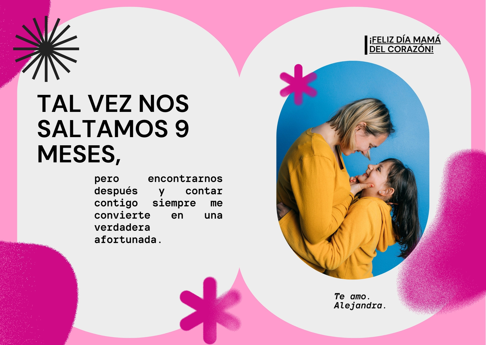 Tarjeta (Horizontal) Fucsia y Rosa con Ilustraciones Florales con Foto de Madre e Hija Adoptiva para Día de la Madre
