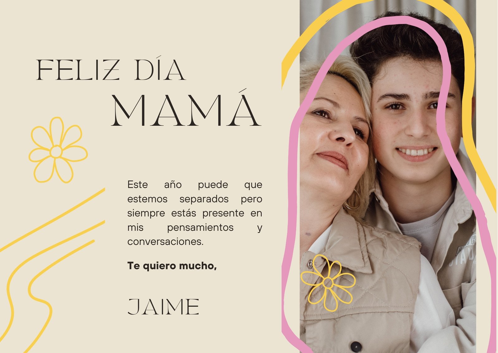 Tarjeta (Horizontal) Beige, Gris y Amarillo con Ilustración sobre Foto de Madre e Hijo para el Día de Madres