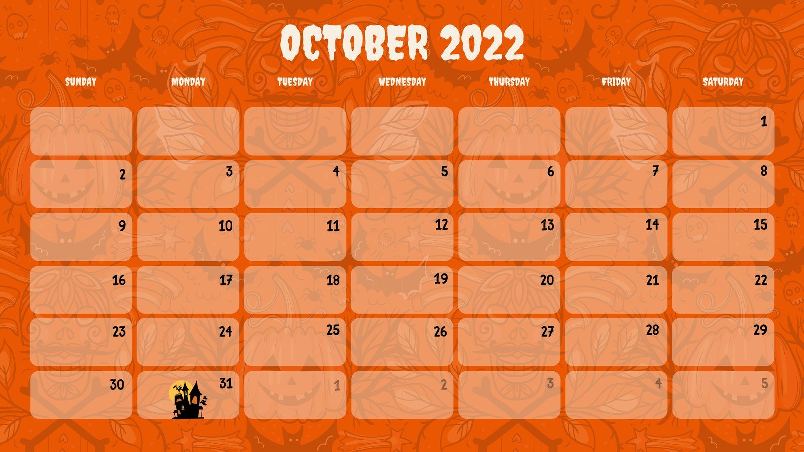 Orange Halloween October 2022 Calendar