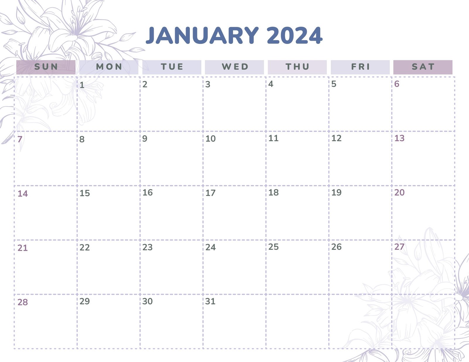 Purple Monthly January 2024 Sunday Start Calendar