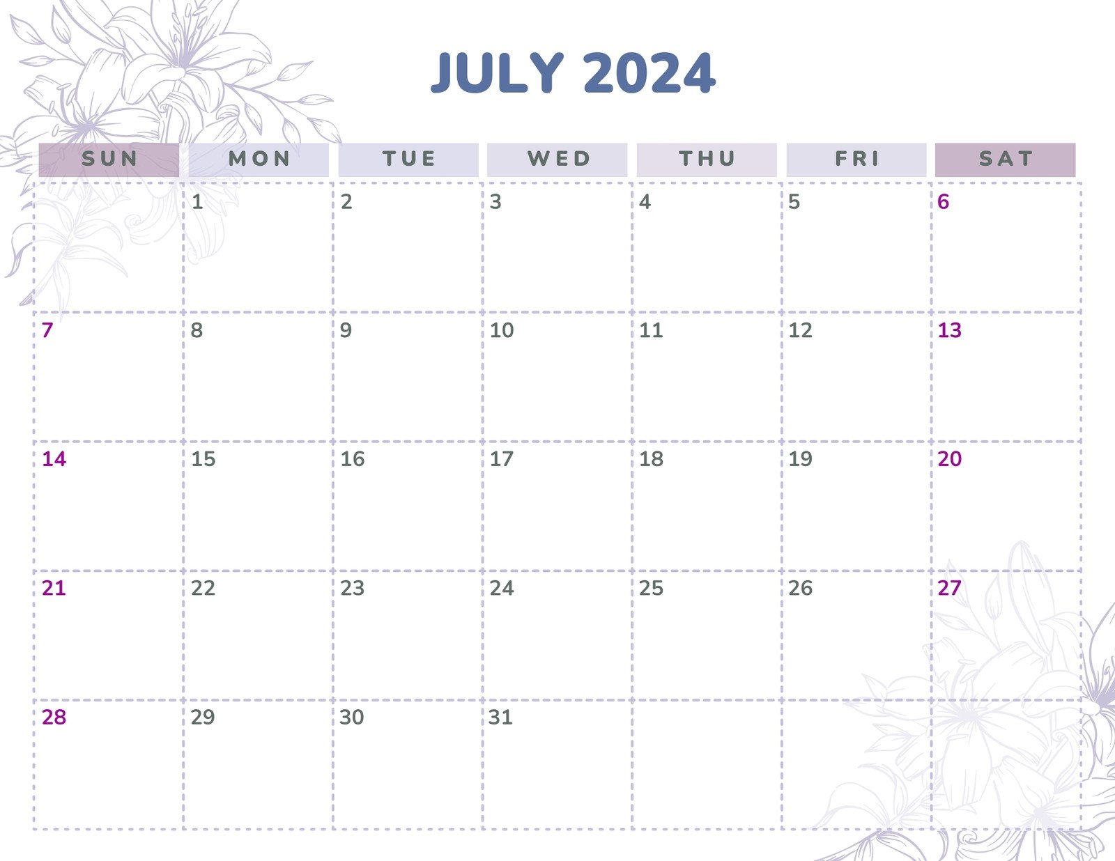 Lilac Purple Lavender Lily Flower Illustration Simple Modern July 2024 Monthly Calendar