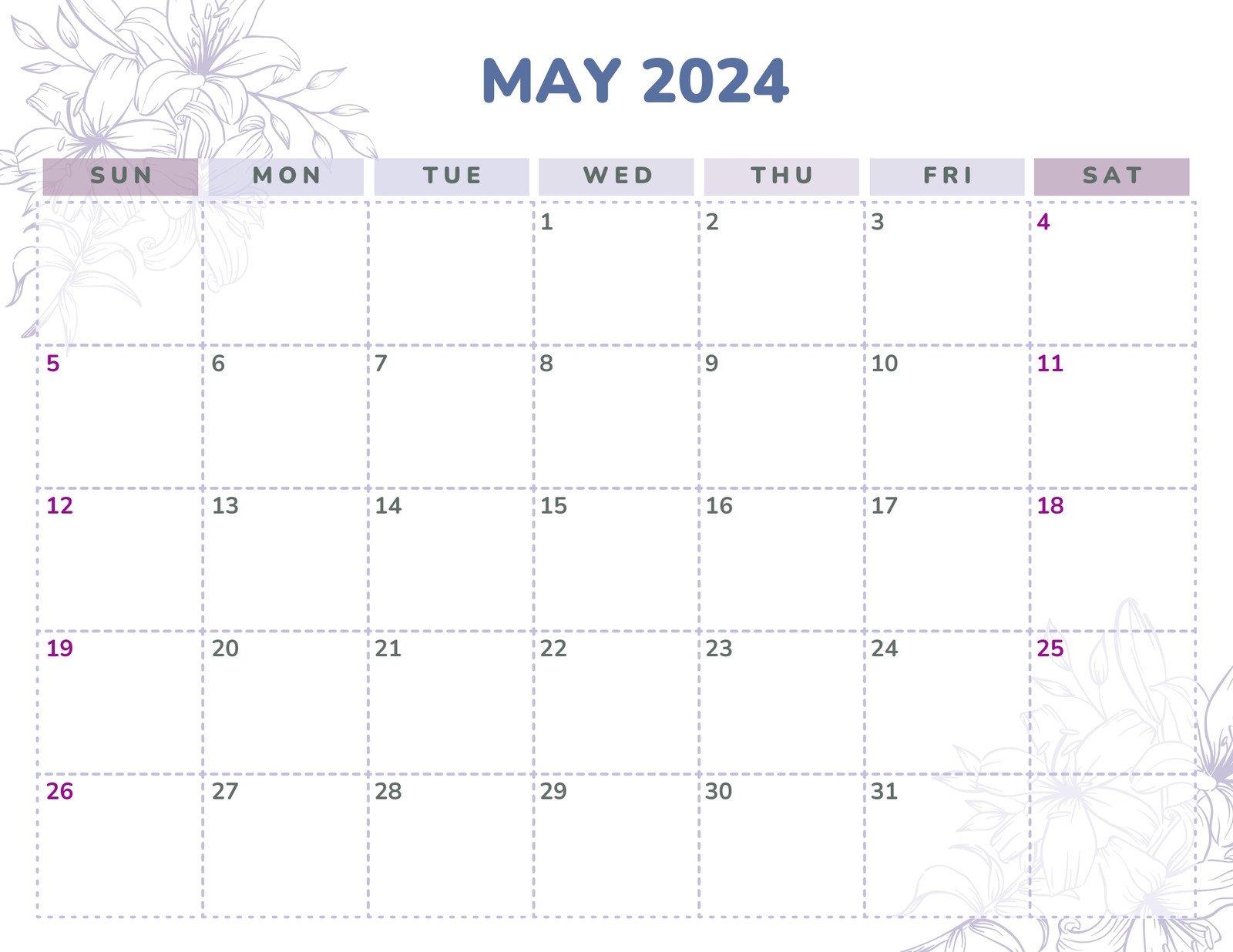 Lilac Purple Lavender Blue Flowers Simple Modern May 2024 Monthly Calendar