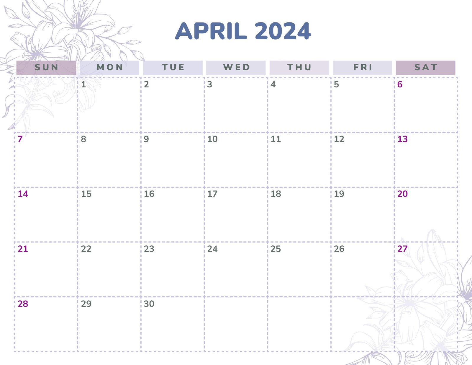 Purple White Pretty Flowers Simple Modern April 2023 Monthly Calendar