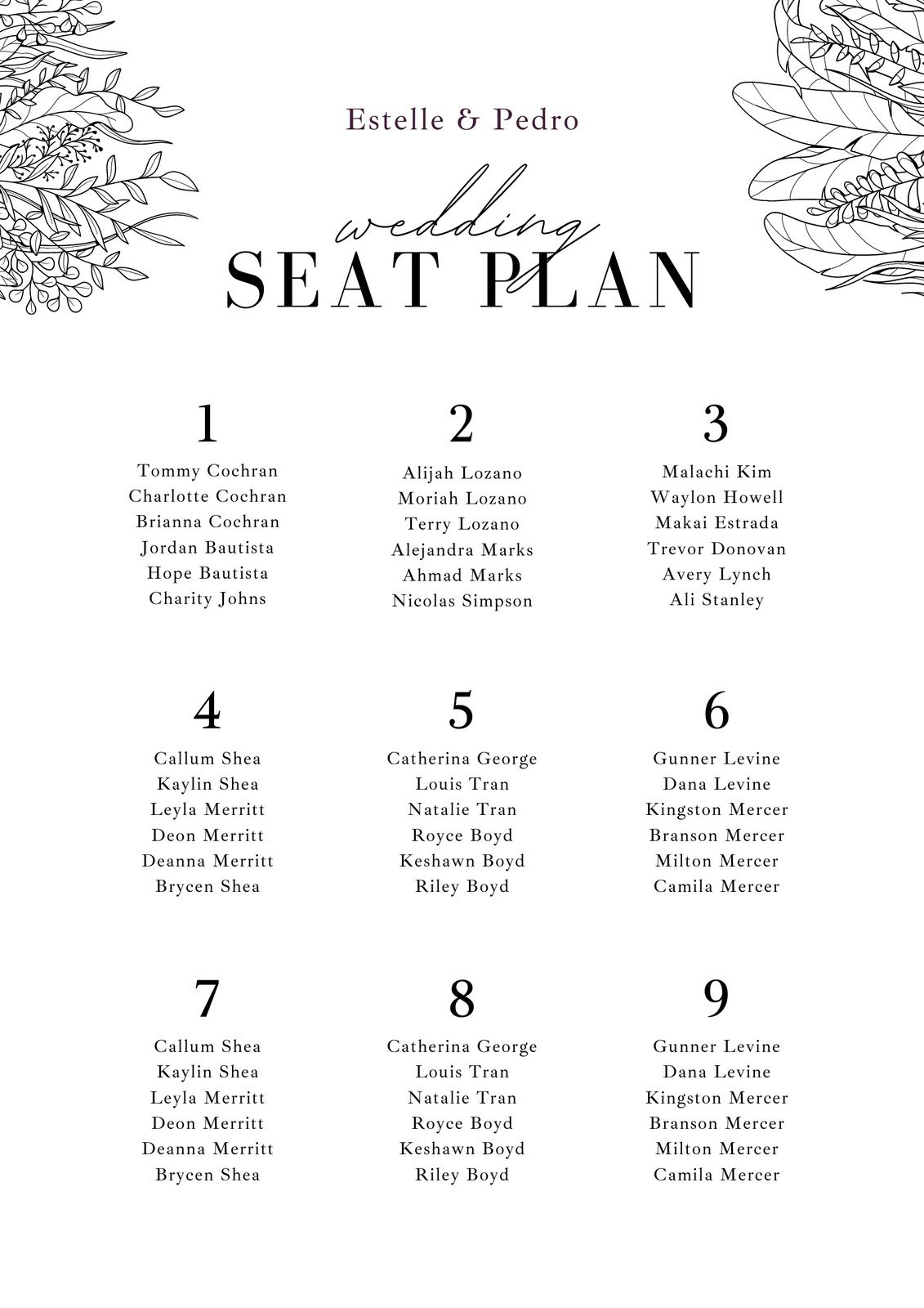 Black and White Aesthetic Floral Wedding Seating Chart