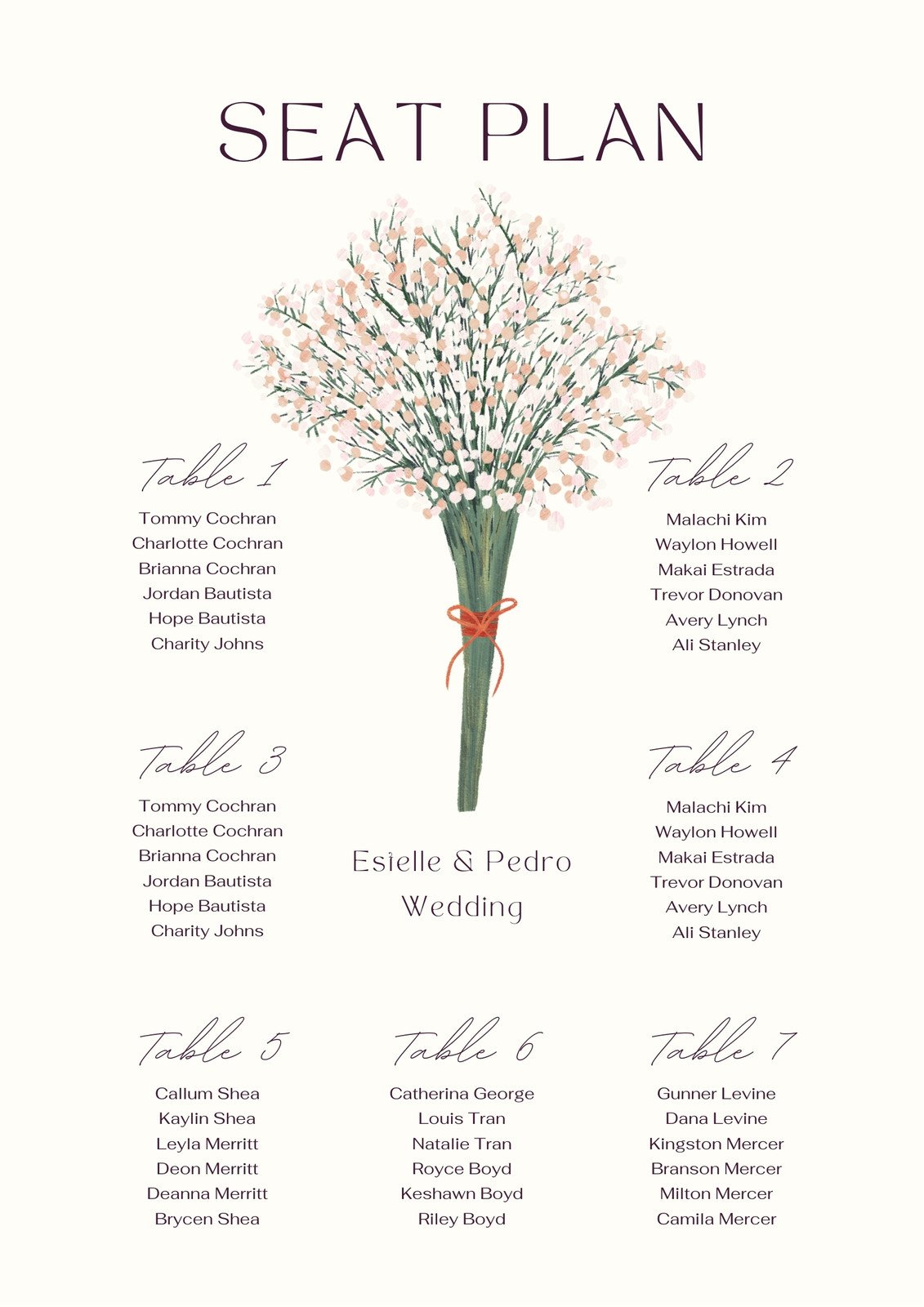 Cream Classy Floral Wedding Seating Chart