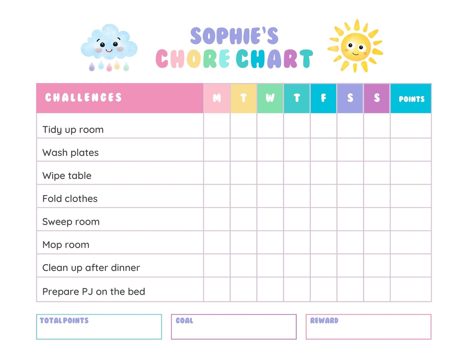 Weekly kids chore chart editable, Fillable pdf, A4, Letter.