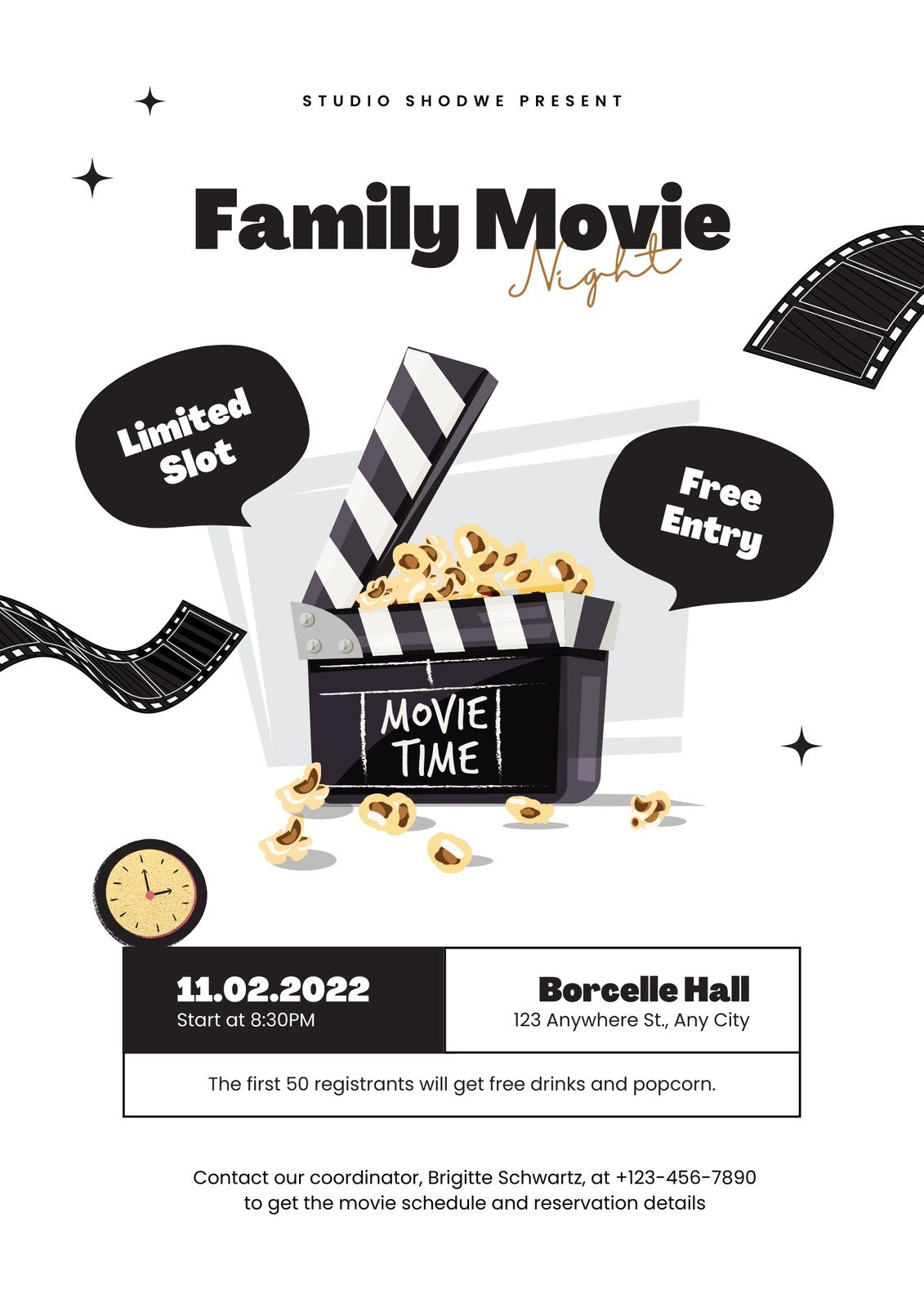 Black White Illustration Family Movie Night Flyer