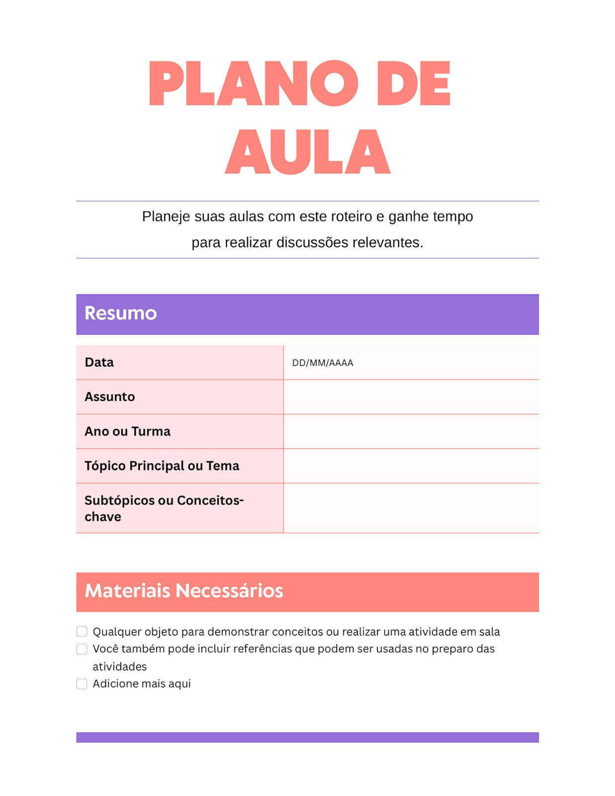 Doc de Plano de Aula com Estilo Profissional Vibrante em Roxo e Coral