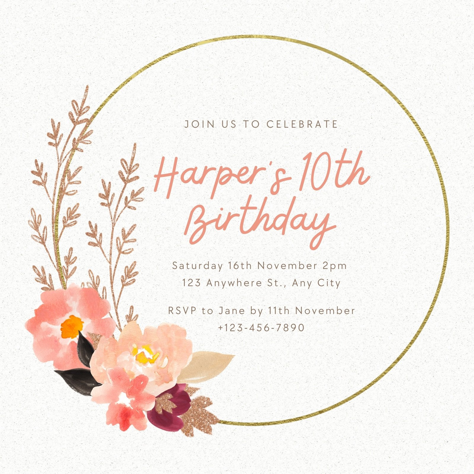 Gold Pink Floral Watercolour Kids Birthday Invitation