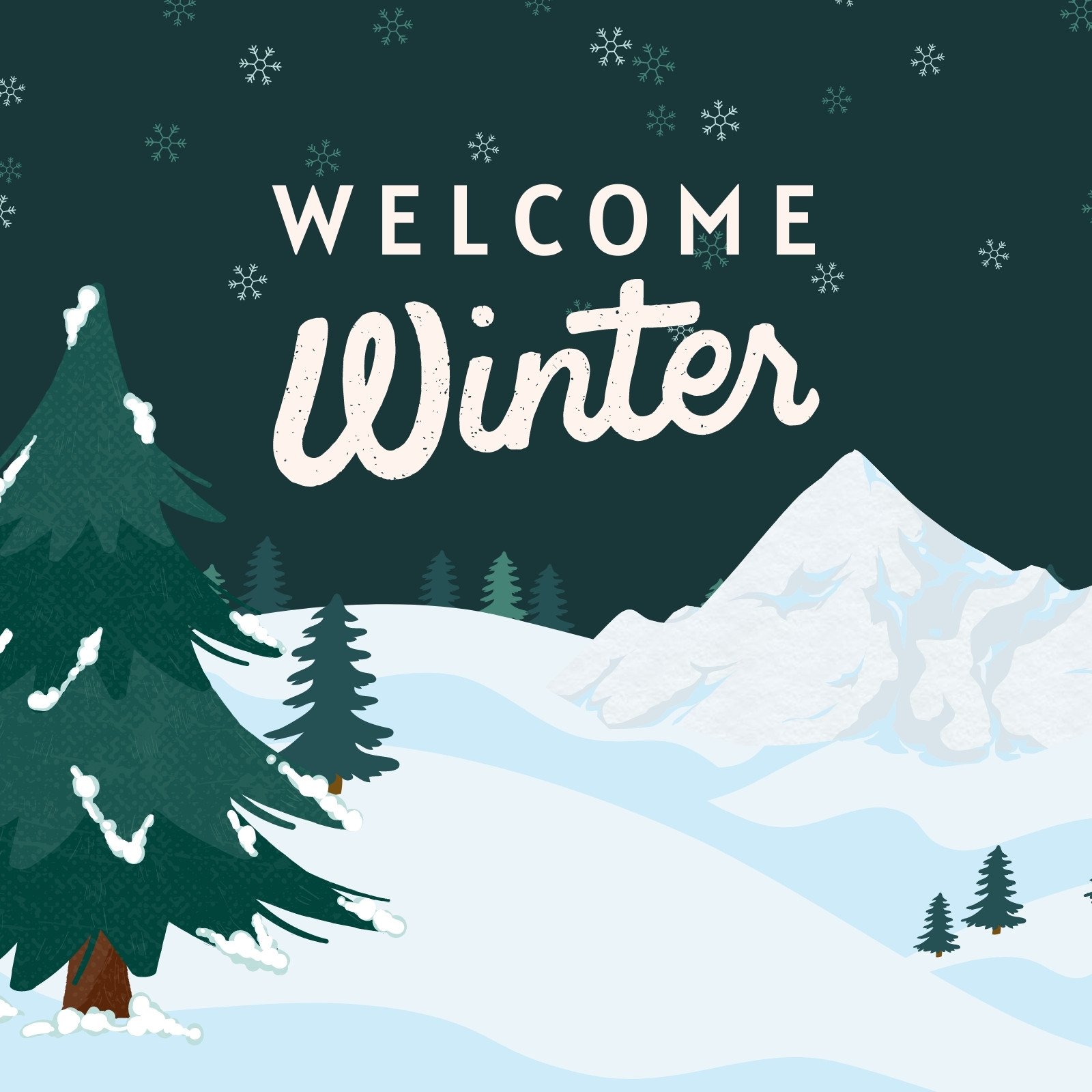 Winter wonderland banner vector illustration. Greeting postcard with  picturesque view on snowy mountains and trees decorated with snowflakes.  Xmas eve concept Stock Vector