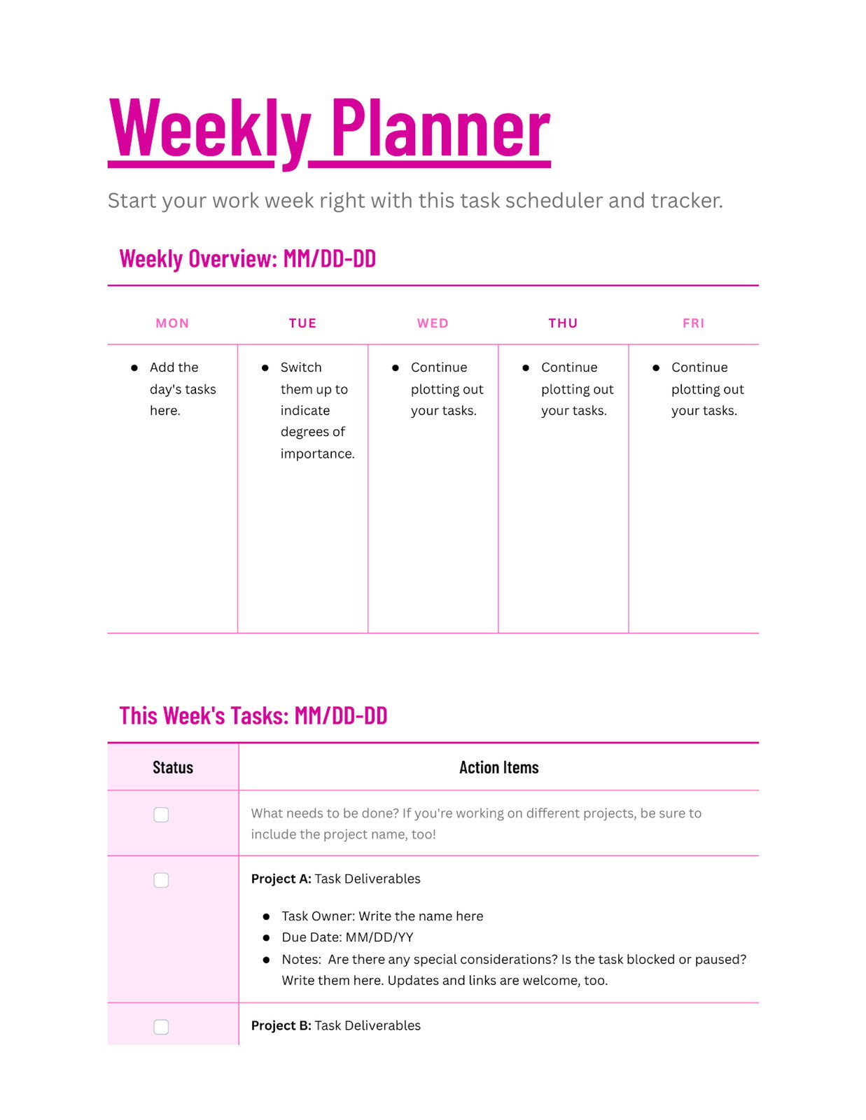 Weekly Planner Doc in Magenta Light Pink Vibrant Professional Style