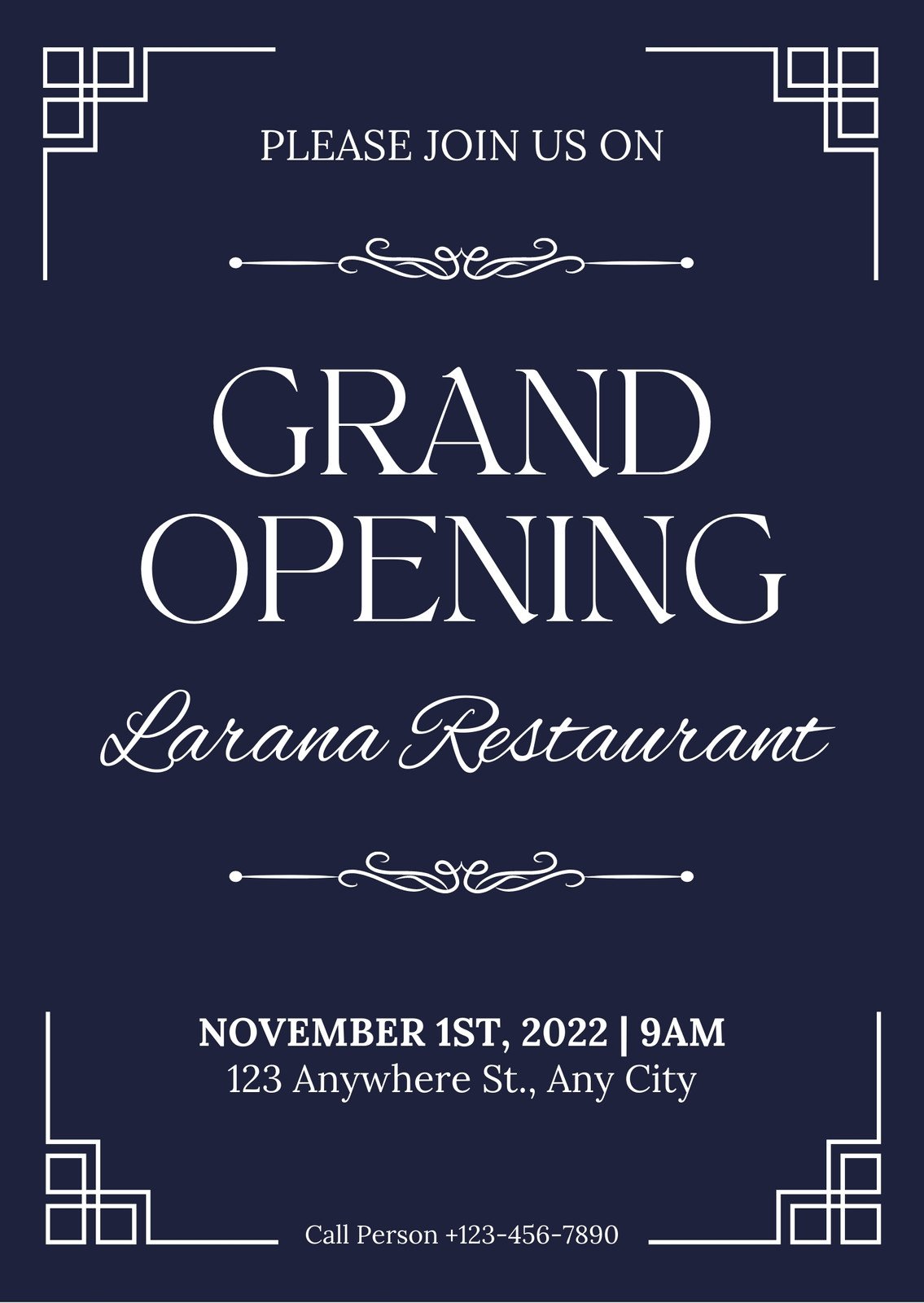 Navy White Elegant Restaurant Grand Opening Invitation