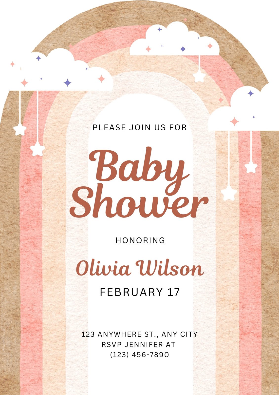 Canva Beige Pink Boho Illustrated Rainbow Baby Shower Invitation Flyer XVJifD3FEYo 