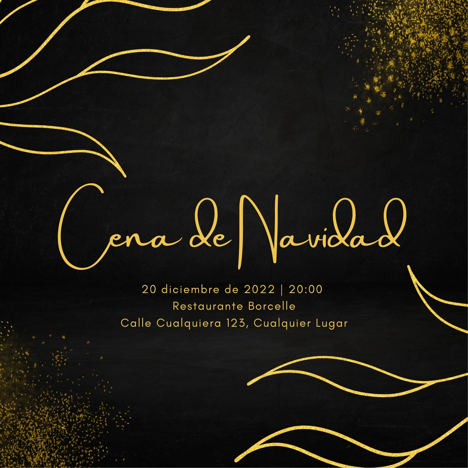 Invitación cuadrada Cena de Navidad Lujosa y Elegante Negro y Dorado