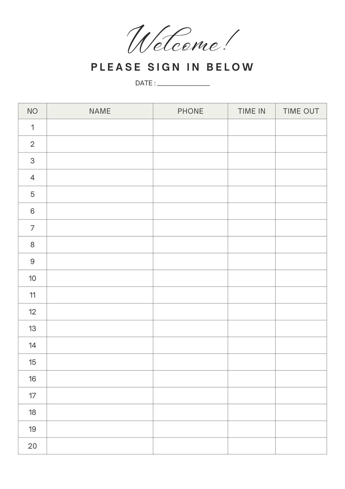 White Minimalist Daily Sign In Sheet Planner
