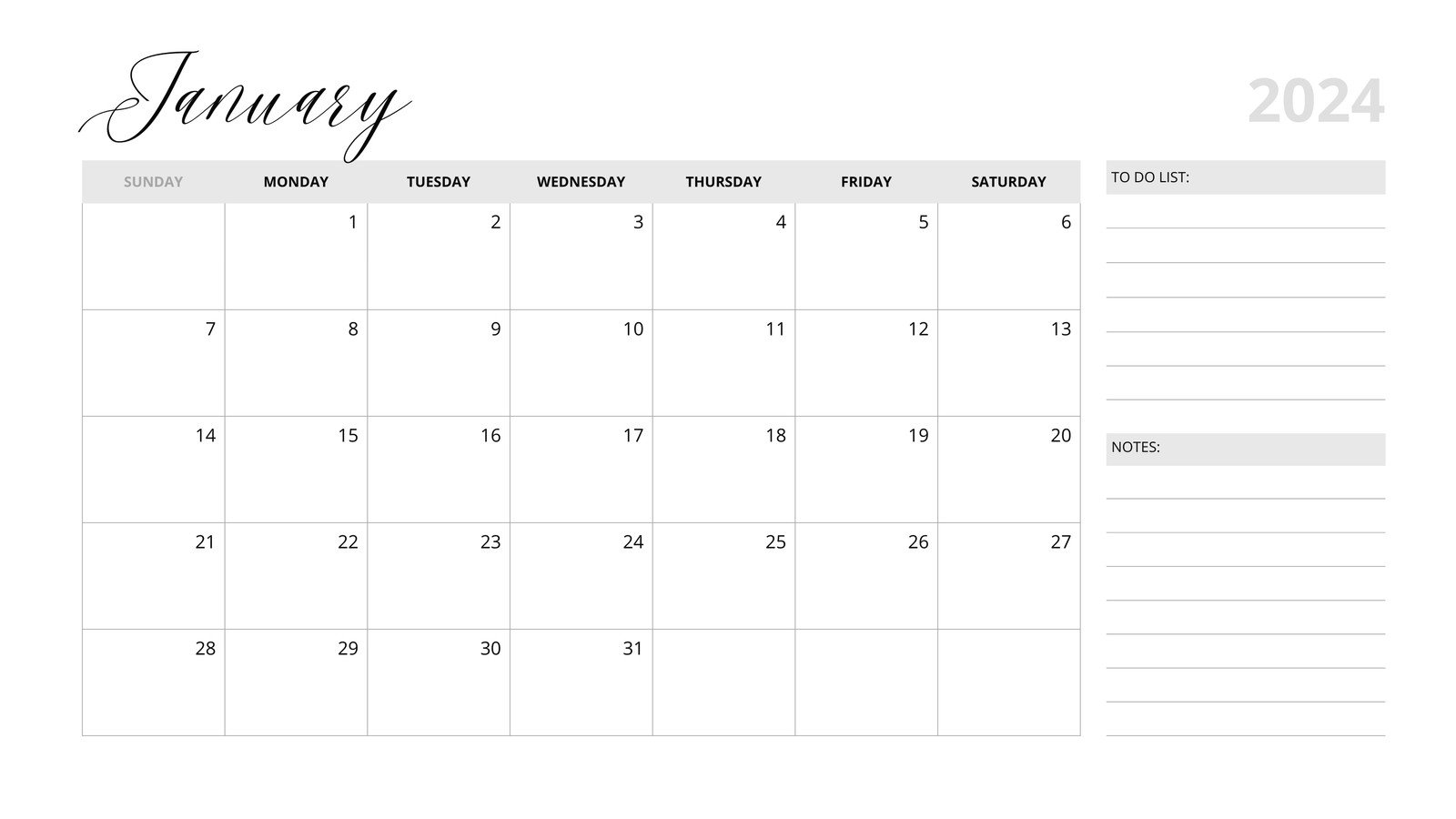 White Minimalist Simple 2024 Monthly Calendar