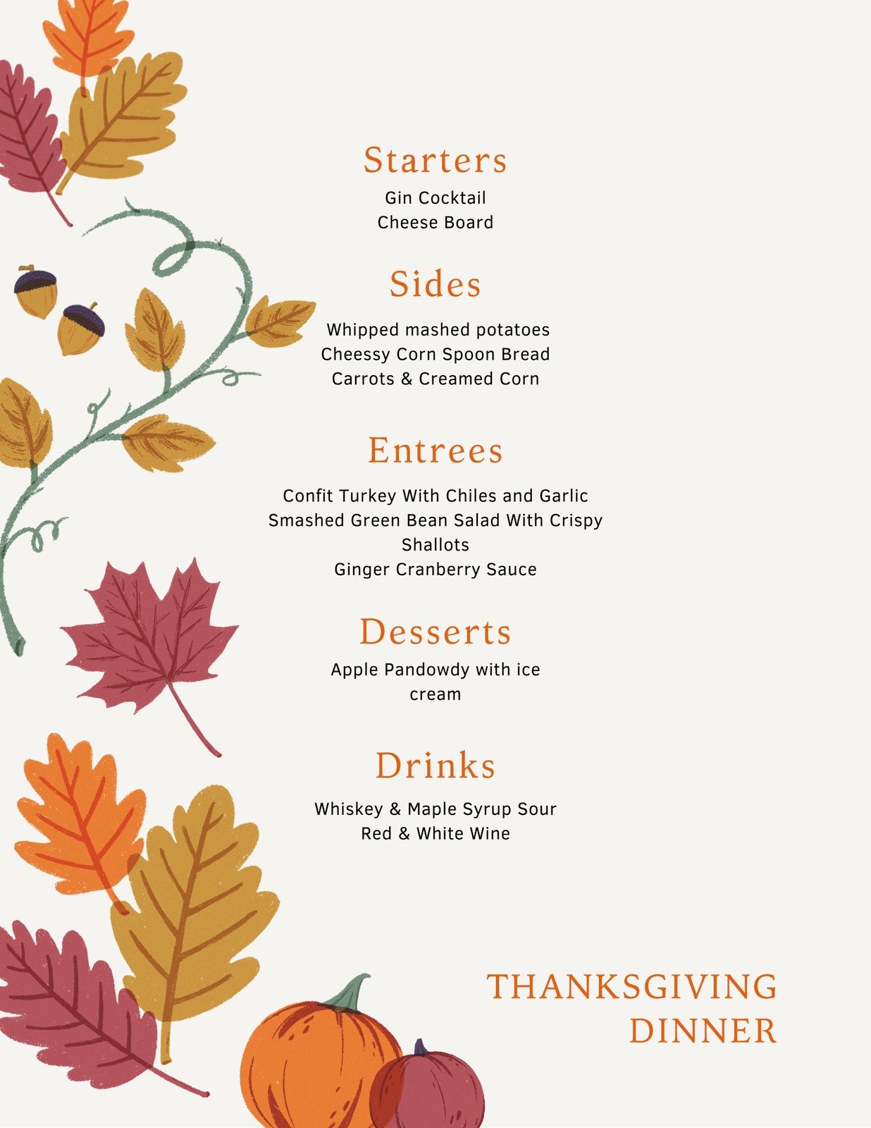 thanksgiving dinner menu template