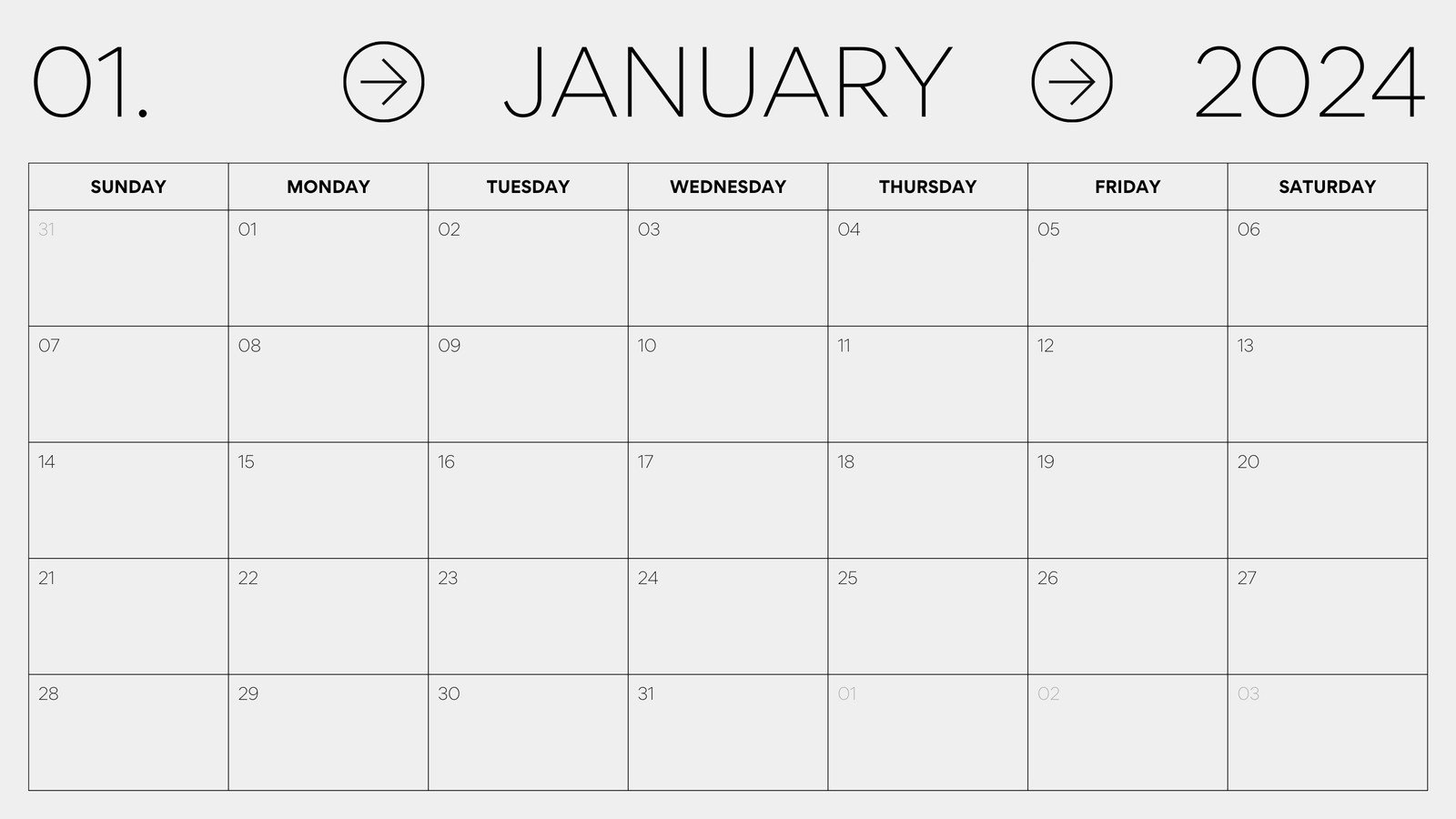 Black and Grey Minimal 2024 Calendar
