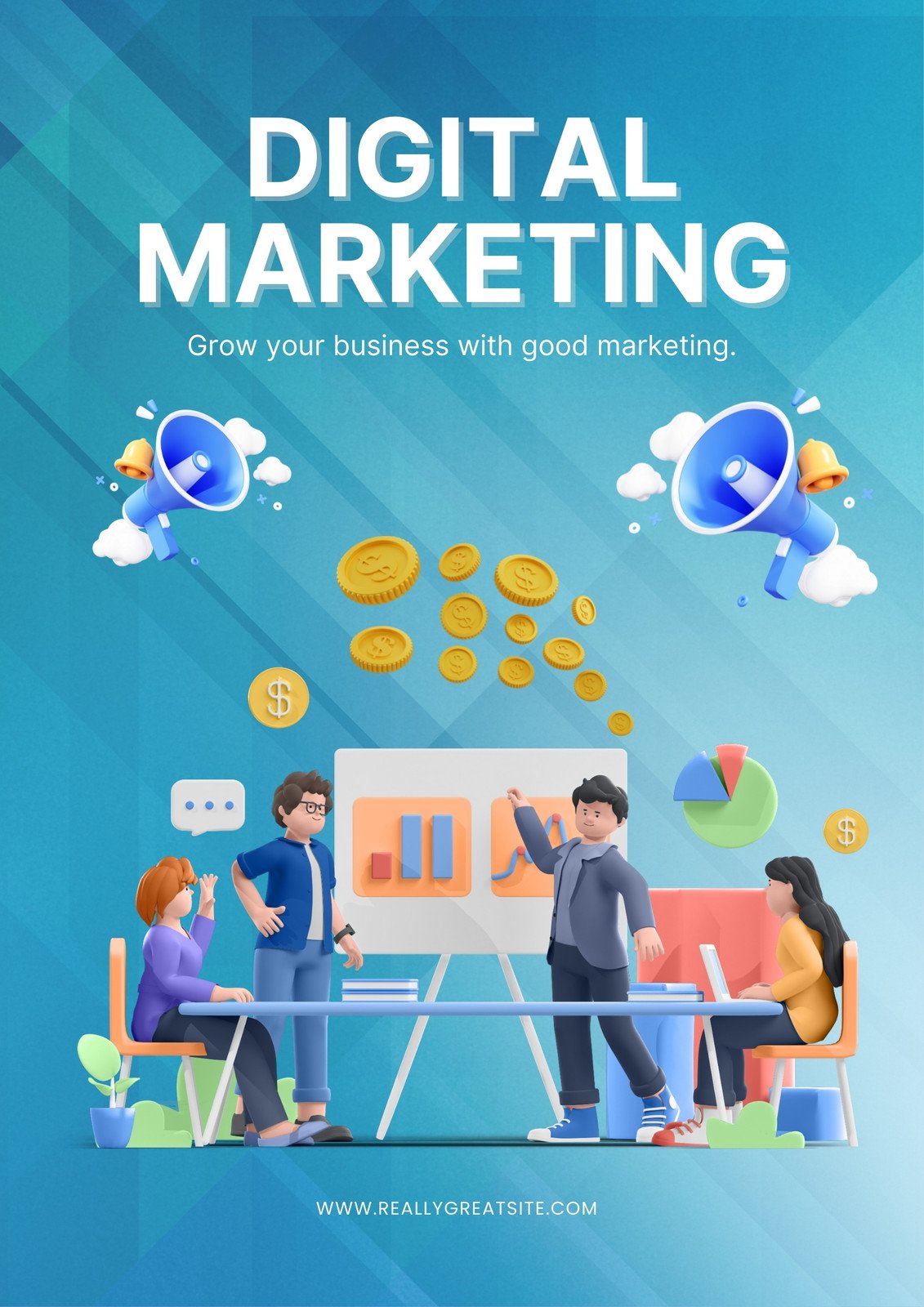 Blue and White 3D Modern Professional Digital Marketing Poster
