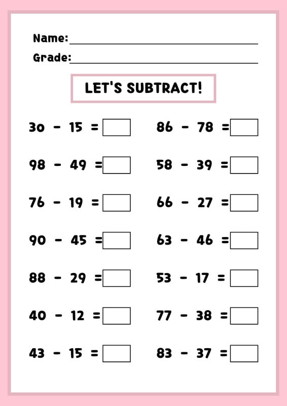 Free Subtraction Worksheet Templates To Edit And Print 