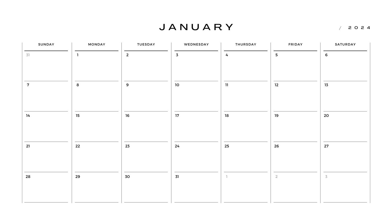 Black and White Minimalist Planner 2024 Monthly Calendar