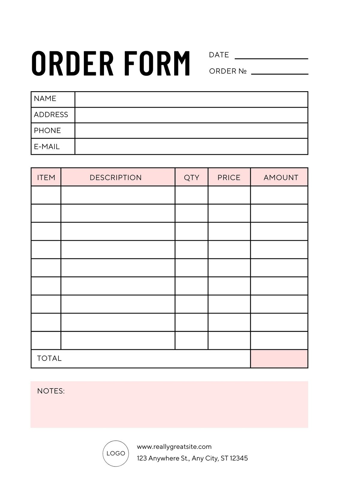 White and Pink Clean Simple Small Business Order Form Invoice