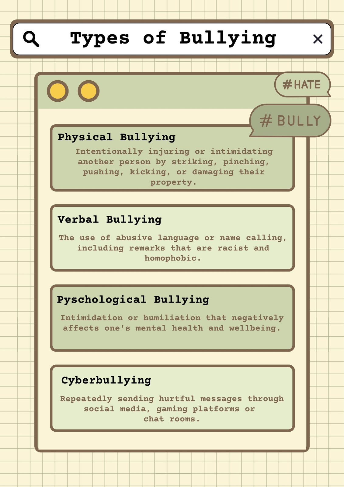 Green and Brown UI Frame Style Types of Bullying Poster