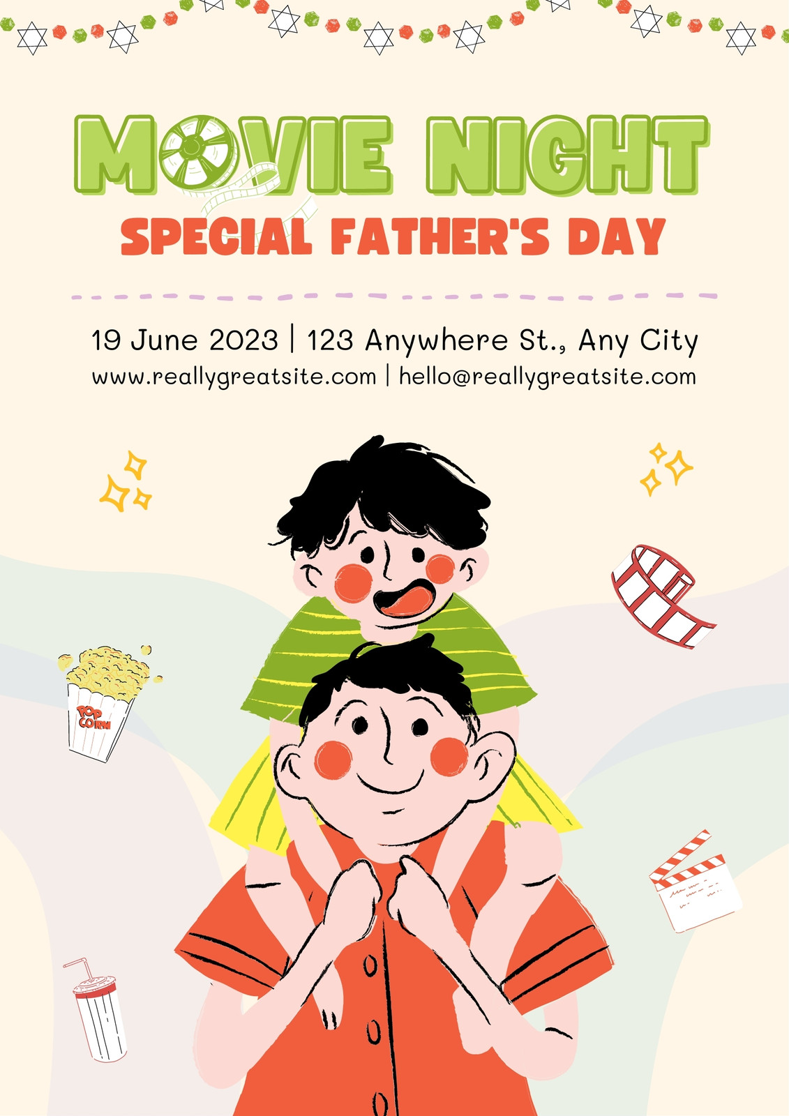 Beige And Green Creative Illustrated Movie Night Special Father's Day Poster