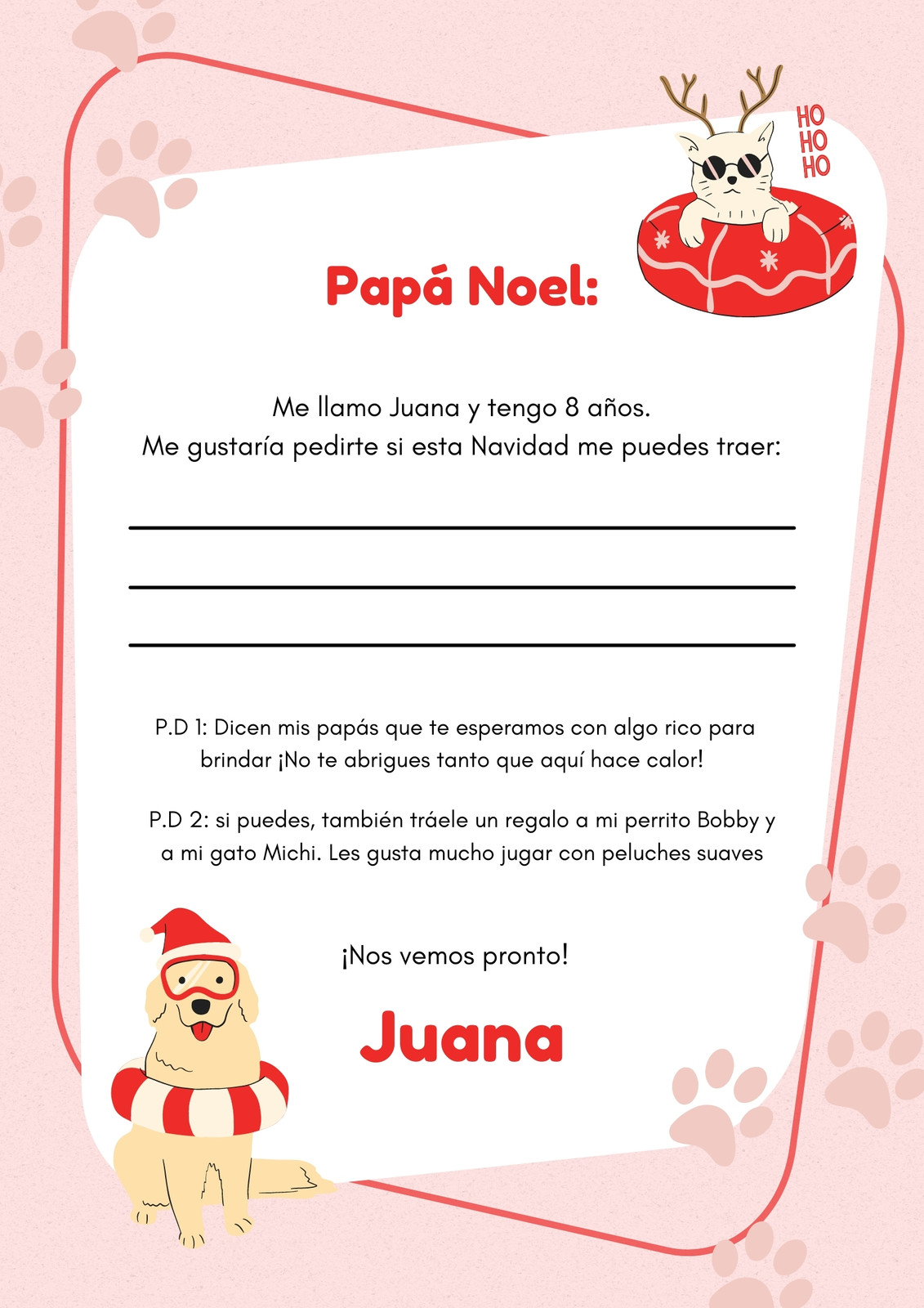 Carta a Papá Noel Regalos Navidad Mascotas festivo rosa 