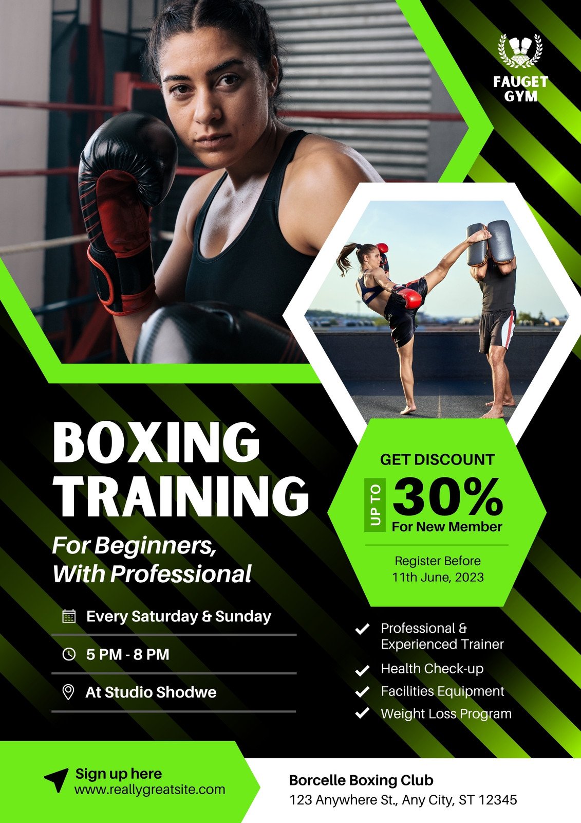 Black Green Boxing Training Promo Gym Flyer