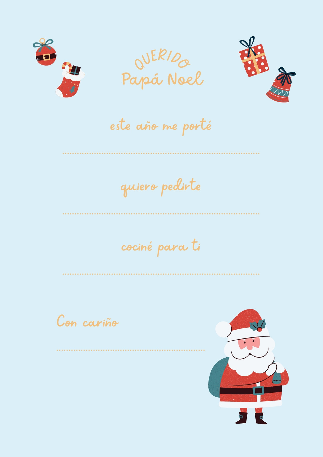 Carta A Papá Noel Completar Ilustrado Celeste Blanco