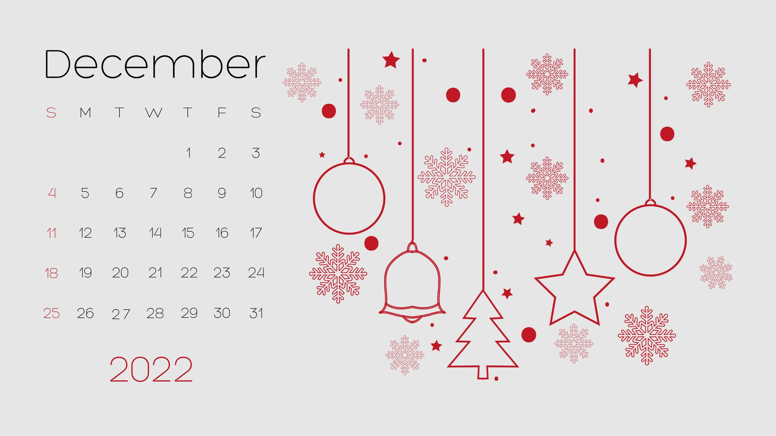 Red Gray Minimalist December 2022 Monthly Calendar