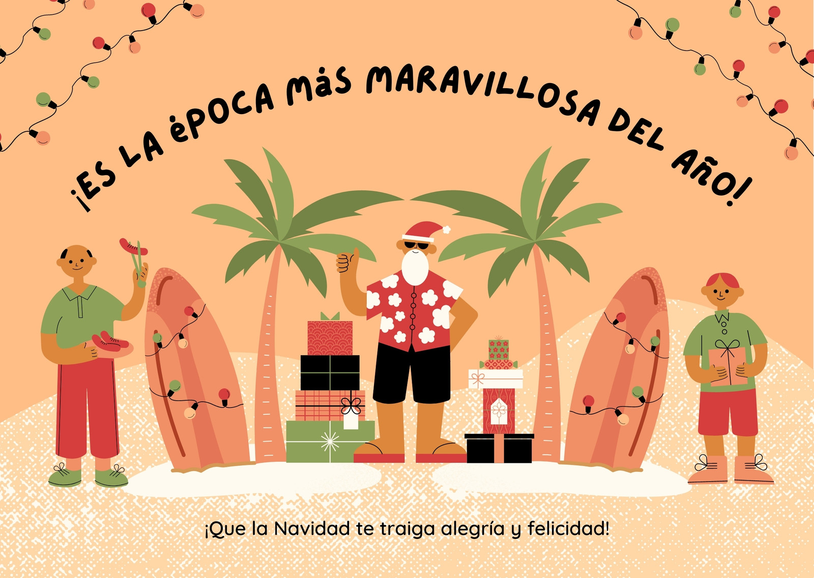 Personal Postal de Navidad en Durazno Rojo Verde Escénico Estilo Ilustrativo