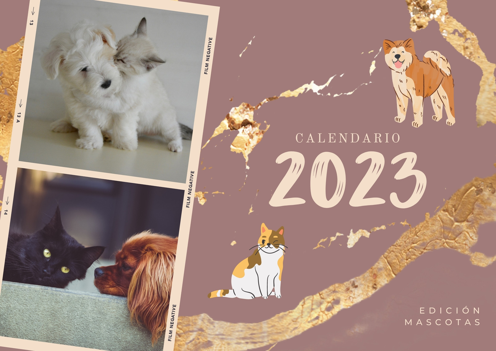 Calendario para Pared 2023 de Mascotas Moderno rosa y dorado