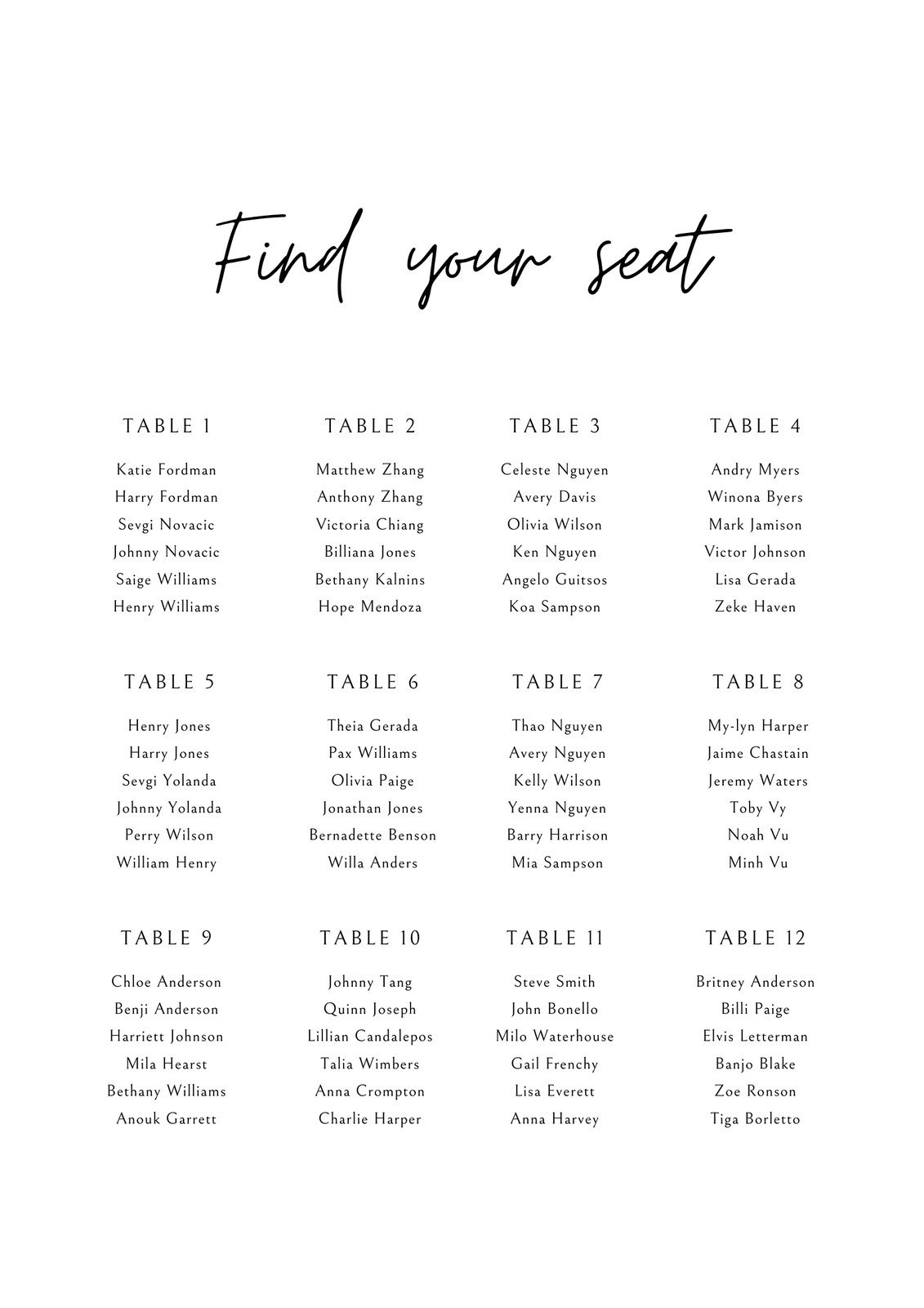 Printable Seating Chart Template